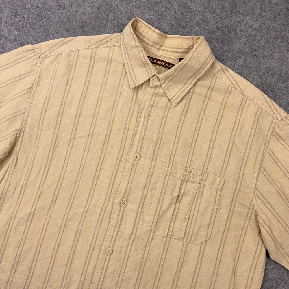 Cubavera Shirt Mens Large Tan Linen Blend Striped Short Sleeve Tropical Aloha